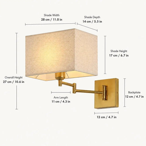 Modern Rectangular Fabric Wall Sconce,Swing Arm Wall Lamp,3 Color Lighting with dimensions and gold accents.