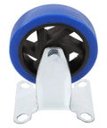 Hassle Free Heavy Duty Directional Plate Casters Featuring 5 Inch Black Rubber Wheels And Silent Non Swivel Design For Dead Simple Rolling On Trolleys Workbenches And Shop Carts, blue rubber wheel and steel plate.