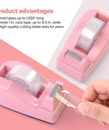 Close-up of pink tape dispenser from Pink Desk Accessories Set For Home Office 10 Piece Including 360 Degree Rotating Pen Holder Stapler Staple Remover Tape Dispenser Two Tape Refills Scissors Ruler Push Pins Binder Clips Paper Clips Kit