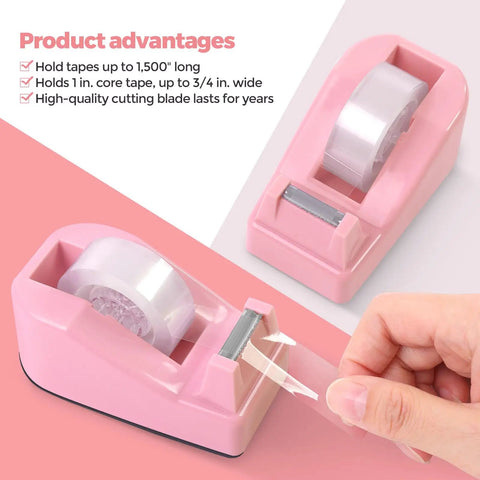 Close-up of pink tape dispenser from Pink Desk Accessories Set For Home Office 10 Piece Including 360 Degree Rotating Pen Holder Stapler Staple Remover Tape Dispenser Two Tape Refills Scissors Ruler Push Pins Binder Clips Paper Clips Kit