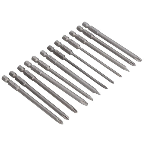 12-piece S2 alloy steel screwdriver bit set, 100mm, slotted and Phillips heads, sandblasted finish, for drills. Kick Your DIY Game Up A Notch With This Epic 12-Piece S2 Alloy Steel Screwdriver Bit Set Slotted And Cross Head Sandblasted Rust Bits 100mm For Reliable Electric Drill And Manual Power Tool Performance.
