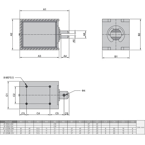 12V 60N Push Pull Solenoid Electromagnet With 10mm Stroke Open Frame Linear Actuator For Precise Mechanical Projects, Beefy 3A Current, Compact 37x41x51mm Frame, JF-1250B-12V dimension drawing