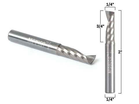 Yonico solid carbide single-flute upcut end mill router bit, 1/4 in dia, 1/4 in shank, 2 in length, side view