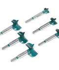 Pro Level Six Piece Forstner Drill Bit Set Equipped With Sharp Carbide Tips For Dead Center Woodcuts On Any Project Includes Six Standard Round Shank Measurements From Fifteen To Forty Millimeters, showing six forstner drill bits with carbide tips.