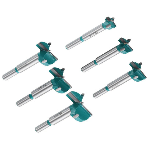Pro Level Six Piece Forstner Drill Bit Set Equipped With Sharp Carbide Tips For Dead Center Woodcuts On Any Project Includes Six Standard Round Shank Measurements From Fifteen To Forty Millimeters, showing six forstner drill bits with carbide tips.