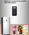 Heavy Lifter 14 Cubic Foot Convertible Freezer And Refrigerator With No Sweat Frost Free Build showing electronic controls and food options.