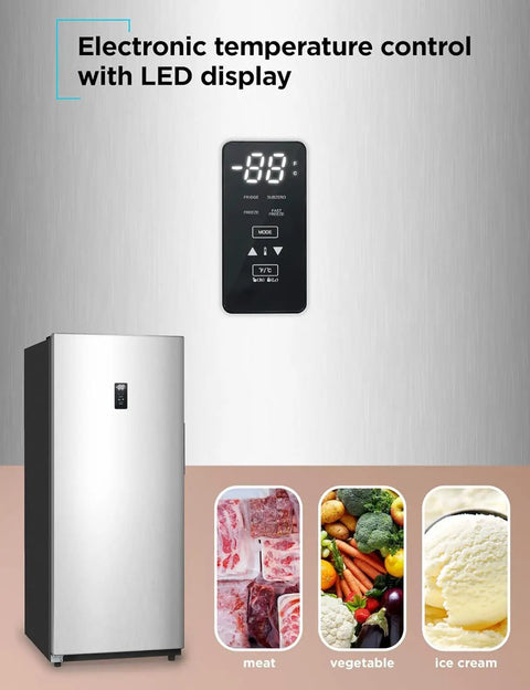 Heavy Lifter 14 Cubic Foot Convertible Freezer And Refrigerator With No Sweat Frost Free Build showing electronic controls and food options.