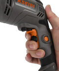 Close-up of a hand holding a corded drill with 3.8 amp motor, variable speed from 0 to 3300 RPM, reversible trigger, belt hook.