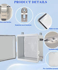 Badass IP67 Waterproof Electrical Junction Box With Secure Hinged Lid And Heavy Duty Stainless Steel Wall Brackets For Rugged Outdoor Panels 8X8X5 Inches showing stainless steel latches and built-in water seal.