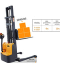 Super Lightweight Full Electric Pallet Forklift Stacker with 2640 lbs load capacity and adjustable forks in use.
