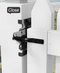 Heavy Duty Self Locking Gate Latch for Pool and Garden Gates, Weatherproof Black Finish detail on white vinyl fence