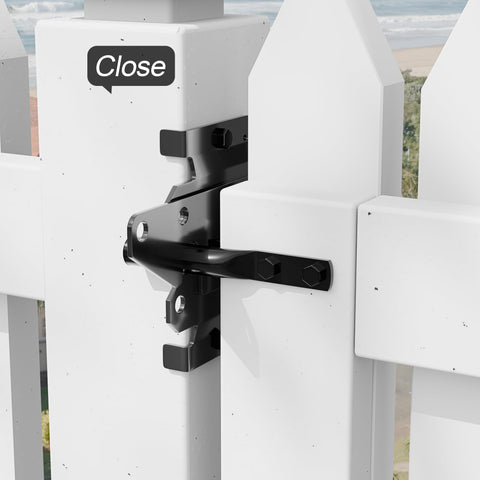 Heavy Duty Self Locking Gate Latch for Pool and Garden Gates, Weatherproof Black Finish detail on white vinyl fence