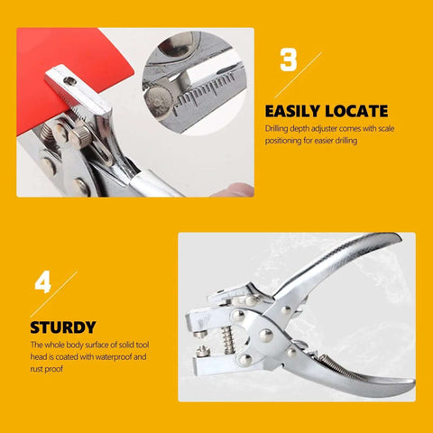 Heavy Duty Eyelet Pliers Kit With 100 Steel Eyelets, featuring depth adjuster and ergonomic jaw, 6.5 inch grommet tool for plastic and card.