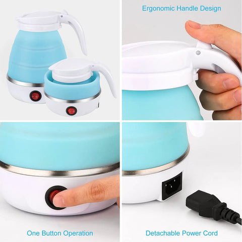 On The Go Portable Electric Kettle 600ml Foldable Tea Coffee Kettle With Collapsible Cup Set, showing ergonomic handle and power cord.