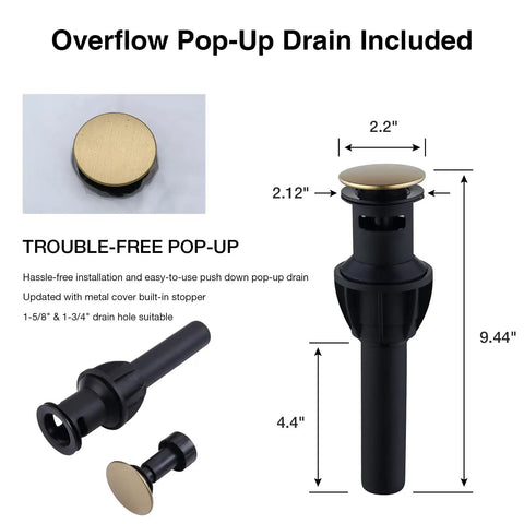 Overflow pop-up drain with dimensions and metal cover for Brushed Gold 8 Inch Widespread Bathroom Faucet With Two Handles