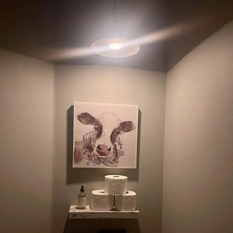 Room corner with activated 2 Pack Battery Powered LED Puck Lights With Remote For Lamps And E26 Screw In Fixtures lighting a painting.