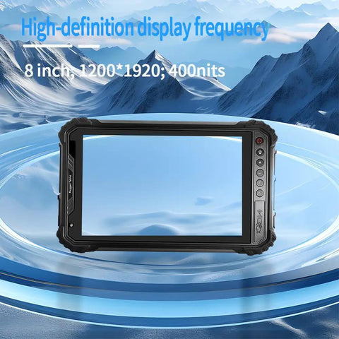 Built Like A Tank Industrial Rugged Tablet With Built In Barcode Scanner Running Windows 11 Pro Features Eight Gb Ram And 256 Gb Storage Plus Gps Wifi Nfc And Hd Touchscreen, 8 inch display shown.