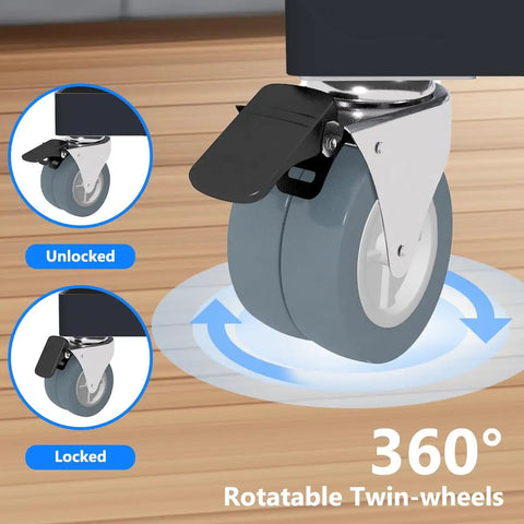 KUPAPO Adjustable Appliance Dolly Cart With Locking Wheels For Mini Fridge Portable Washer Dryer showcases 360° rotatable twin wheels in locked and unlocked positions.
