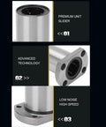 Two-piece flange linear bearings set in silver metal with flange mounting holes; front and side views.