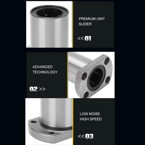 Two-piece flange linear bearings set in silver metal with flange mounting holes; front and side views.