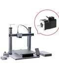 Desktop 3D printer with aluminum frame and mounted stepper motor, control box.