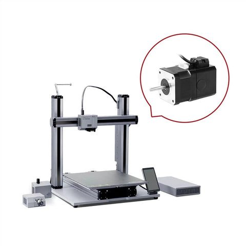Front view of a desktop CNC engraver with aluminum frame and linear rails; inset shows 12V NEMA17 42HS34-YC-PD stepper motor.