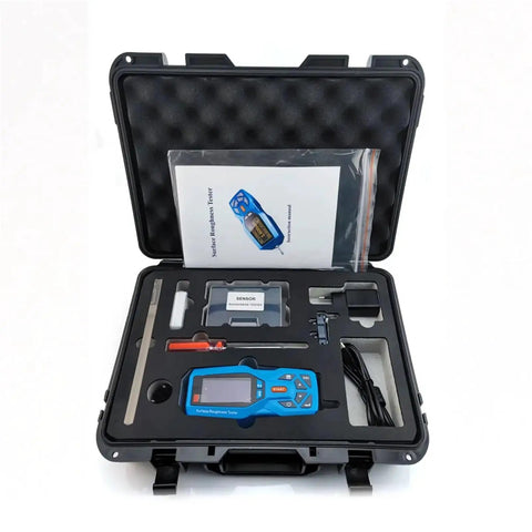 Heavy Duty Digital Handheld Surface Roughness Tester With Slick OLED Screen and Precise Point Zero Zero One Measurement Precision for Fast Trade Shop Evaluations, portable kit in durable case.