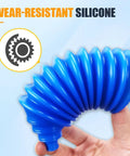 Close-up of blue silicone inner tie rod boot for steering, showing durability feature. Silicone Inner Tie Rod Boots With Locking C Clamps And Bellows Cable Ties For Waterproof Dustproof Steering Rack And Pinion Boot Kit Blue Fits Most Cars And SUVs For Quick Easy Install And Long Lasting Protection