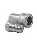 Front view: two silver 1/2 in NPT ISO5675 Pioneer hydraulic quick-connects with knurled coupling nuts