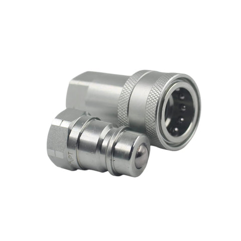 Front view: two silver 1/2 in NPT ISO5675 Pioneer hydraulic quick-connects with knurled coupling nuts