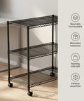 Sturdy 3 Tier Steel Wire Shelving Unit With Easy Roll Wheels And Adjustable Heights for kitchen or laundry storage.