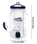 All Day Hydration Bladder for Hiking and Outdoors 1.5L to 2L Large Opening Water Reservoir front view with measurements