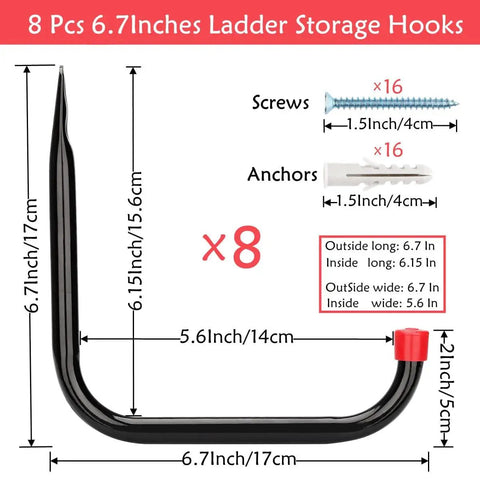 Heavy Duty Garage Storage Hooks 8 Pack Six Point Seven Inch Wall Hangers with screws and anchors for ladders and tools.