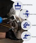 Wheel Hub Resurfacing Kit With Rust Busting Tool For Wheel Studs And Brake Rotors, Durable Black Steel Grinding Discs shown in use