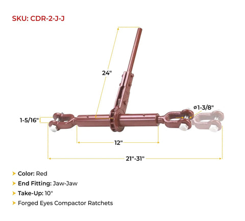 Heavy Duty Double Jaw Ratchet Turnbuckle With Forged Eyes 28000 Lbs Capacity 4 Pack 12 Inch Barrel Takes Up 10 Inches in red color.