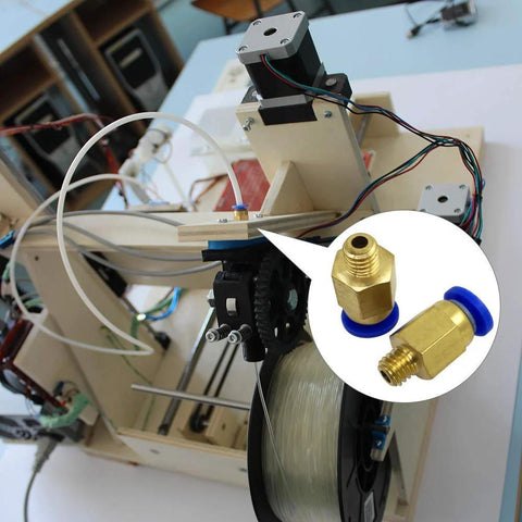 Brass PC4-M6/M10 pneumatic push-to-connect fittings with blue O-rings installed on a 3D printer Bowden extruder (20pcs)