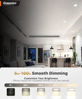 No Sweat 5 And 6 Inch Led Recessed Can Lights Featuring Smooth Adjustable 5Cct Warm Or Cool Tuning And 9 Watt Knockout Retrofit Downlights For Quick Ceiling Setup In Damp Rooms With High Output 6 Pack shown in a kitchen environment with dimming options.