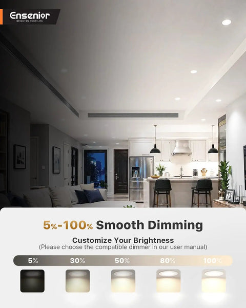 No Sweat 5 And 6 Inch Led Recessed Can Lights Featuring Smooth Adjustable 5Cct Warm Or Cool Tuning And 9 Watt Knockout Retrofit Downlights For Quick Ceiling Setup In Damp Rooms With High Output 6 Pack shown in a kitchen environment with dimming options.