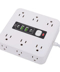 Absolute Game Changer 16 In 1 Smart Power Strip With Twelve AC Outlets Dual USB C Dual USB A Ports Auto Shutoff Heavy Duty Surge Protection Wall Mountable Zero Hassle Desk Setup close-up showing USB ports and AC outlets.