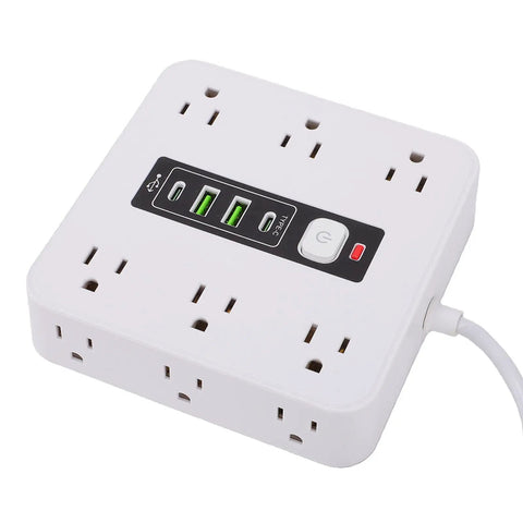 Absolute Game Changer 16 In 1 Smart Power Strip With Twelve AC Outlets Dual USB C Dual USB A Ports Auto Shutoff Heavy Duty Surge Protection Wall Mountable Zero Hassle Desk Setup close-up showing USB ports and AC outlets.