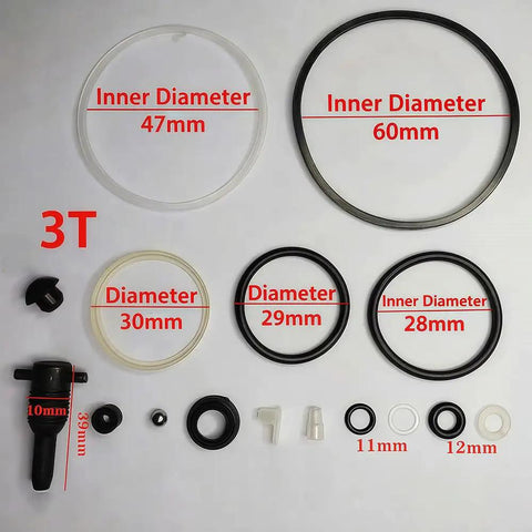 Score This Dope 17 Piece Bottle Jack Repair Kit For 3 Ton Hydraulic Vertical Lift with various seals and gaskets on a white background.