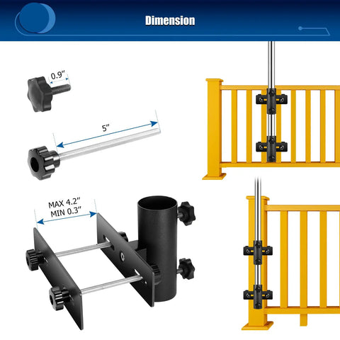 Diagram of Adjustable Deck Umbrella Base Clamp For Railings And Fences, showing dimensions and fitting on porch railings.