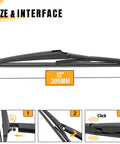 Heavy Twelve Inch Rear Windshield Wiper Blade Replacement For Toyota Rav4 Highlander Sienna showing size and clip interface.