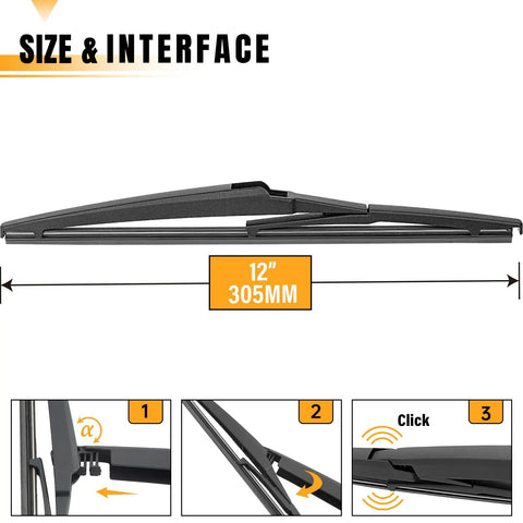 Heavy Twelve Inch Rear Windshield Wiper Blade Replacement For Toyota Rav4 Highlander Sienna showing size and clip interface.