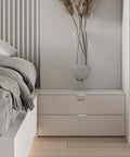 Modern bedroom with 5 Pack 3 Inch Self Adhesive Cabinet Pulls Silver Stick On Handles, no drill design on a white dresser.