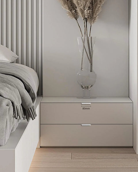 Modern bedroom with 5 Pack 3 Inch Self Adhesive Cabinet Pulls Silver Stick On Handles, no drill design on a white dresser.