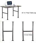 Industrial Pipe Table Legs 30 Inch Grey Steel 2 Pack For Coffee And End Tables DIY Wood Top Build Your Own Modern Vintage Look With Durable Powder Coated Finish And Simple Mounting, shown supporting a wooden tabletop with height and width dimensions.