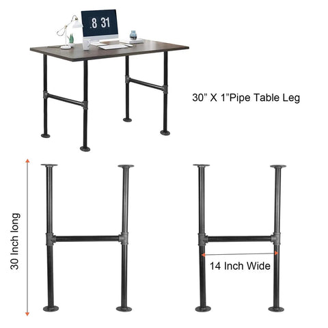 Industrial Pipe Table Legs 30 Inch Grey Steel 2 Pack For Coffee And End Tables DIY Wood Top Build Your Own Modern Vintage Look With Durable Powder Coated Finish And Simple Mounting, shown supporting a wooden tabletop with height and width dimensions.