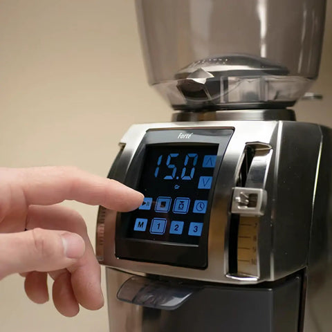 Heavy Duty Commercial Coffee Grinder Featuring 54 Mm Ceramic Flat Burrs For Cranking Out Perfect Espresso Grinds with control panel.