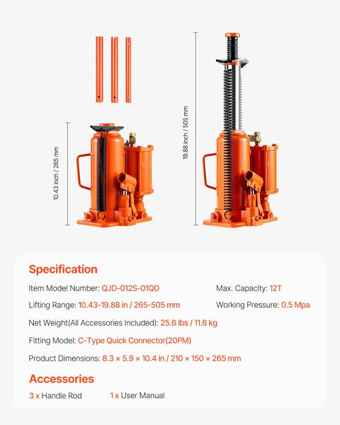 Dimensions of Beefy Air Hydraulic Bottle Jack Two In One Pneumatic And Hydraulic 12 Ton Lift Range 10.43 To 19.88 Inches
